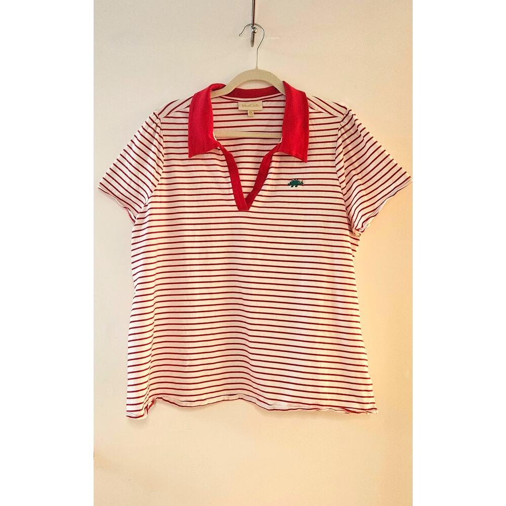 Modcloth, Size 2X, Striped, Red Johnny Collar Shirt, Dinosaur EXCELLENT
